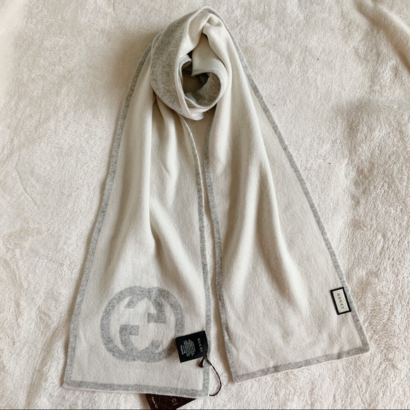 NWT Authentic Gucci Woven Unisex Cashmere Long Scarf Ivory Gray Interlock Logo - Picture 7 of 9
